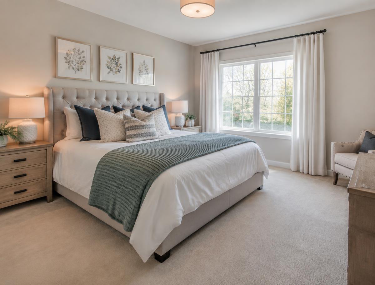 Freshly cleaned bedroom with made bed